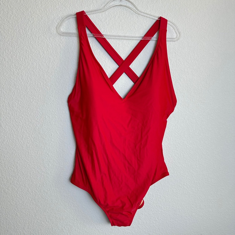 J.Crew‎ Womens Red V-Neck Cross-Back One-Piece Swimsuit BY344 Size 14DD NEW
